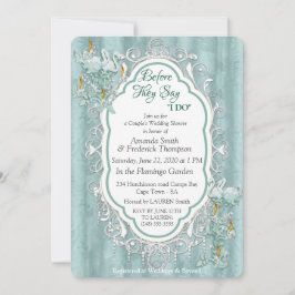 セージ緑の絹のカーテンとフラミンゴスの花 招待状