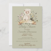 セージ緑の花かわいい羊の子羊 招待状 (正面)