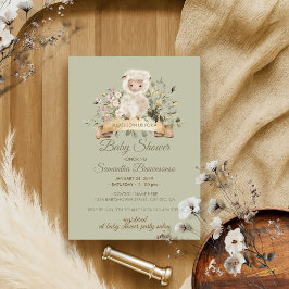 セージ緑の花かわいい羊の子羊 招待状