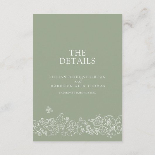 セージ緑の花の蝶結婚の詳細QR エンクロージャーカード (正面)