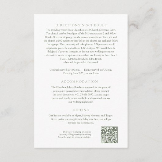 セージ緑の花の蝶結婚の詳細QR エンクロージャーカード (裏面)