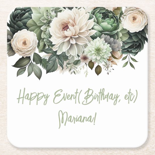 セージ緑の花フローラパーティー スクエアペーパーコースター (正面)