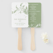 セージ緑の花婚式プログラム付きブランチ ハンドファン (正面&裏面)