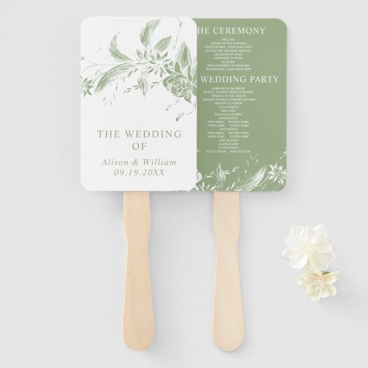 セージ緑の花婚式プログラム付きブランチ ハンドファン (正面&裏面)