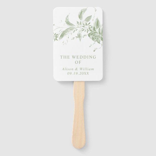 セージ緑の花婚式プログラム付きブランチ ハンドファン (正面)