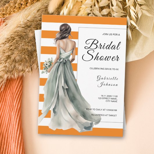 セージ緑の花嫁オレンジストライプブライダルシャワー 招待状