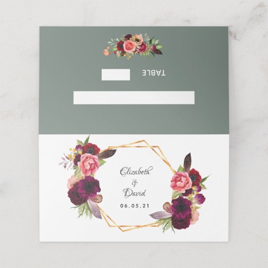 セージ緑の花模様バーガン結婚ディ プレイスカード (外部開封)