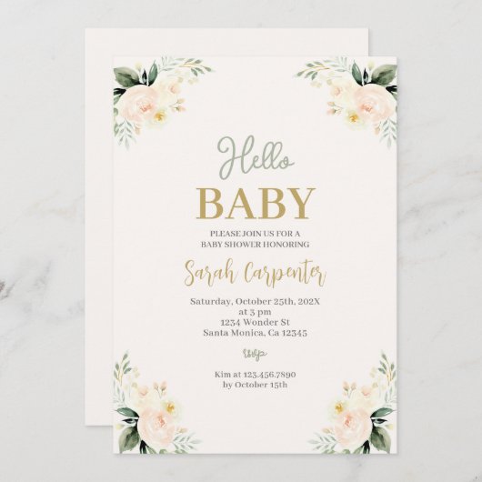 セージ緑の花赤ちゃんシャワー 招待状 (正面/裏面)