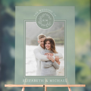 セージ緑の葉のクレストモノグラムの写真結婚の数 アクリルサイン