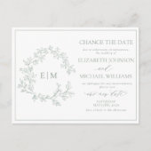 セージ緑の葉のクレストモノグラム日付の変更 インビテーションポストカード (正面)