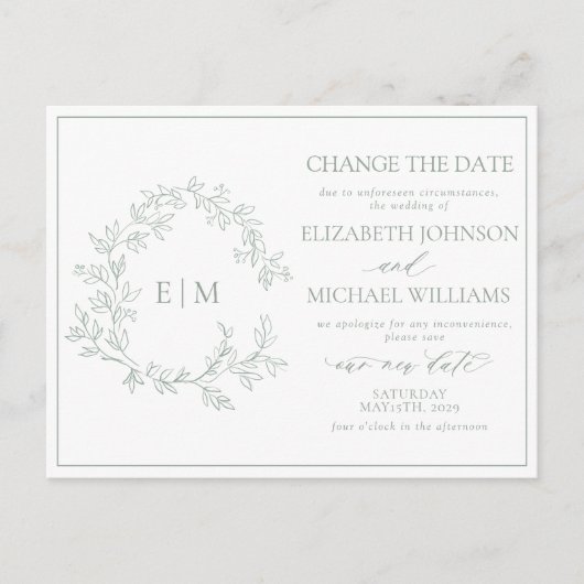 セージ緑の葉のクレストモノグラム日付の変更 インビテーションポストカード (正面)