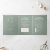 セージ緑の葉のクレストモノグラム結婚の3つ折りi 三つ折り招待状 (内部)