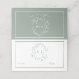セージ緑の葉のクレストモノグラム結婚ズ プレイスカード