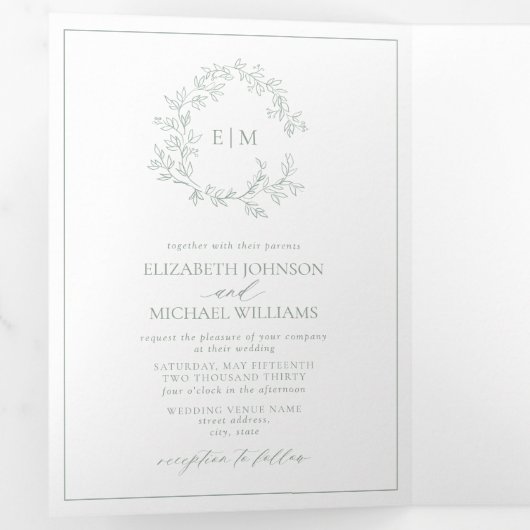セージ緑の葉のクレストモノグラム結婚ズ 三つ折り招待状 (内部最初)