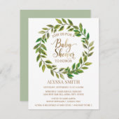セージ緑の葉のリース白い金ゴールドベビーシャワー 招待状 (正面/裏面)
