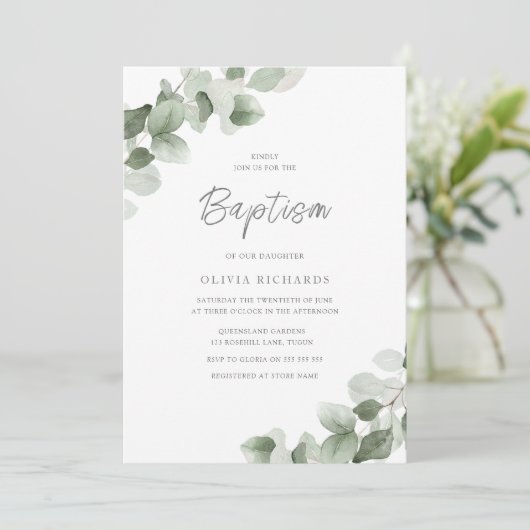 セージ緑の葉モダンの男の子または女の子の洗礼 招待状 (スタンド正面)