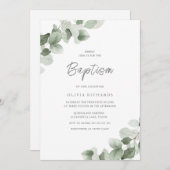 セージ緑の葉モダンの男の子または女の子の洗礼 招待状 (正面/裏面)