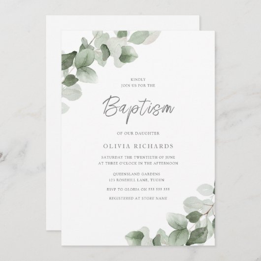 セージ緑の葉モダンの男の子または女の子の洗礼 招待状 (正面/裏面)