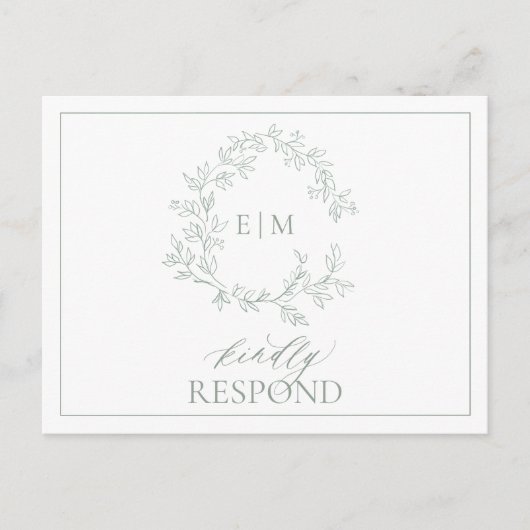 セージ緑の葉付きクレストモノグラムウェディングRSVP招待 インビテーションポストカード (正面)