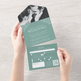 セージ緑の葉白色の写真の食事RSVP QR 結婚's オールインワン招待状
