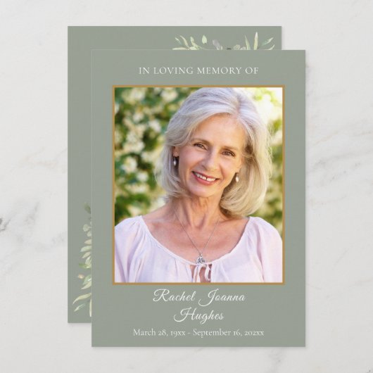 セージ緑の葬儀記念写真祈りの言葉カード (正面/裏面)