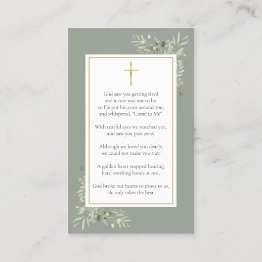 セージ緑の葬儀記念写真祈りの言葉カード 名刺 (裏面)