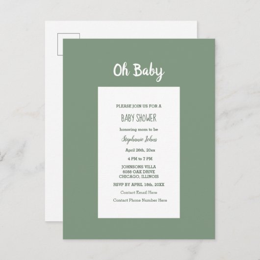 セージ緑の赤ちゃんエレガントシャワーシンプル男の子 インビテーションポストカード (正面/裏面)