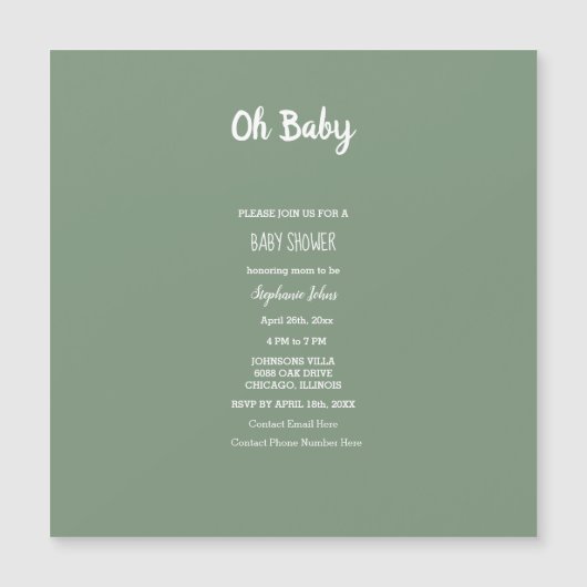 セージ緑の赤ちゃんエレガントシャワーシンプル男の子 マグネット招待状 (正面)