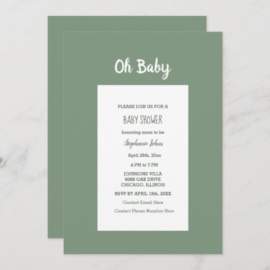 セージ緑の赤ちゃんエレガントシャワーシンプル男の子 招待状 (正面/裏面)
