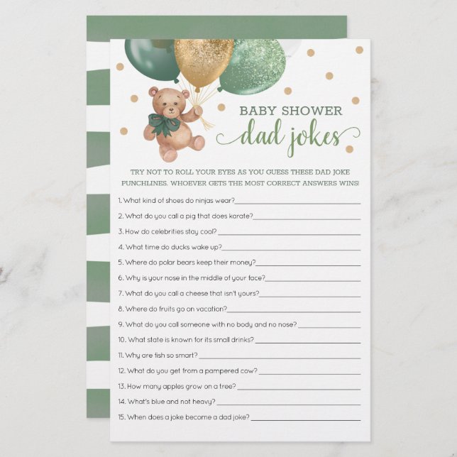 セージ緑の赤ちゃんシャワーパパジョークゲームテディベア (正面/裏面)