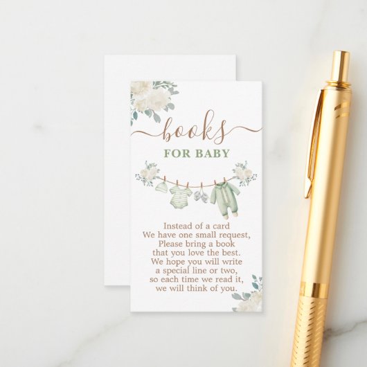 セージ緑の赤ちゃんシャワーブックベビー エンクロージャーカード (正面/裏面インサイチュ)
