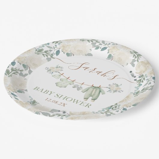 セージ緑の赤ちゃん服ベビーシャワー ペーパープレート (アングル)