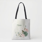 セージ緑の赤面ピンク色の花 トートバッグ (正面)
