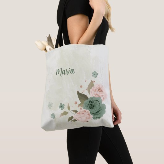 セージ緑の赤面ピンク色の花 トートバッグ (クローズアップ)