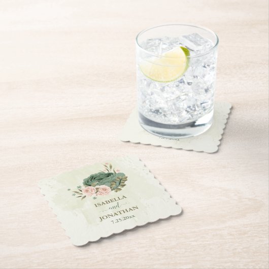 セージ緑の赤面結婚の花 ペーパーコースター (インサイチュ)