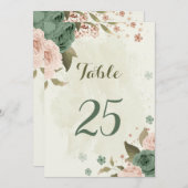 セージ緑の赤面花のテーブル番号カード 招待状 (正面/裏面)