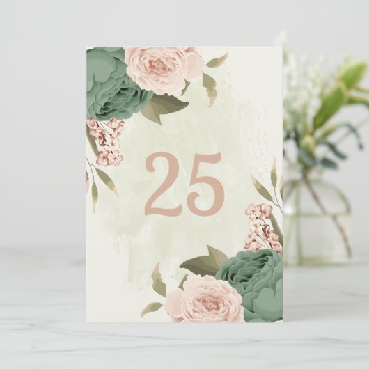 セージ緑の赤面花のテーブル番号カード 招待状 (スタンド正面)