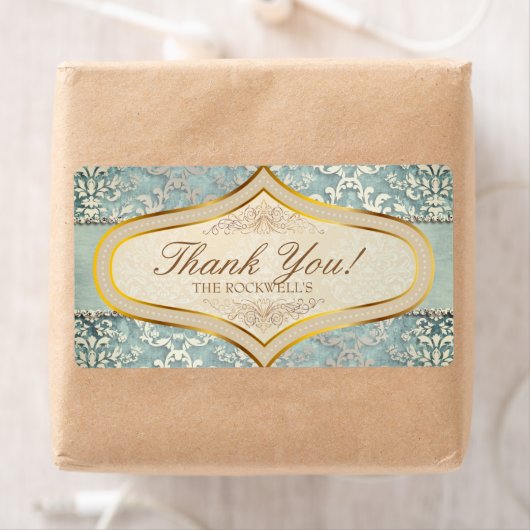 セージ緑の輝くダマスクウェディングありがとう ラベル (インサイチュ)