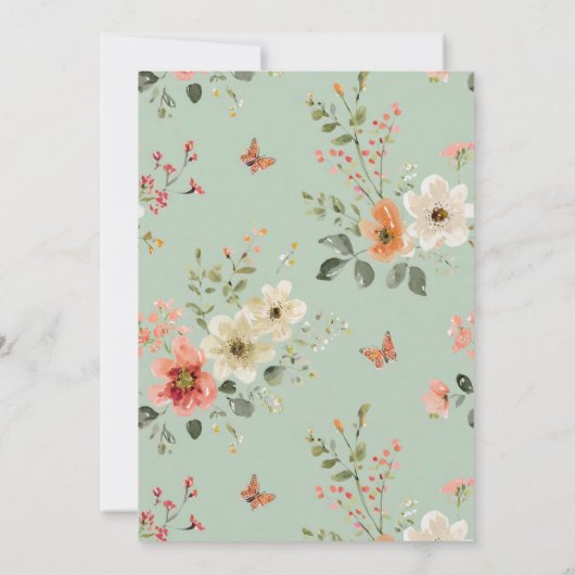セージ緑の野生の花の蝶の赤ちゃんシャワー 招待状 (裏面)
