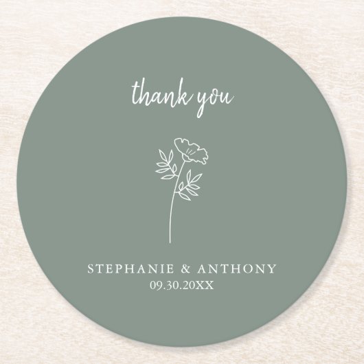 セージ緑の野結婚花ありがとう ラウンドペーパーコースター (正面)