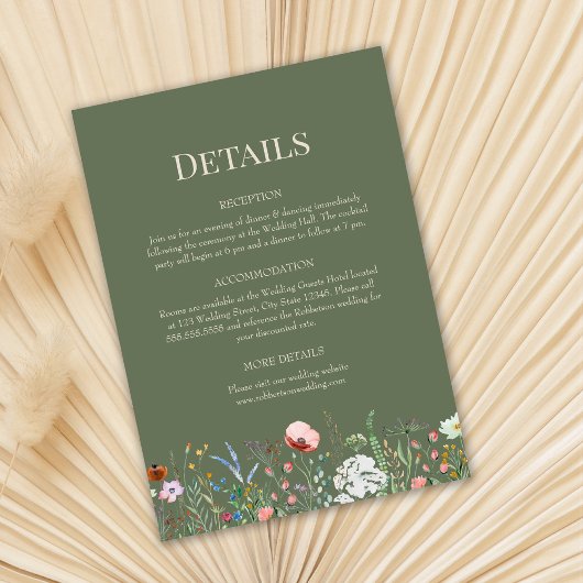 セージ緑の野結婚花の詳細カード 招待状