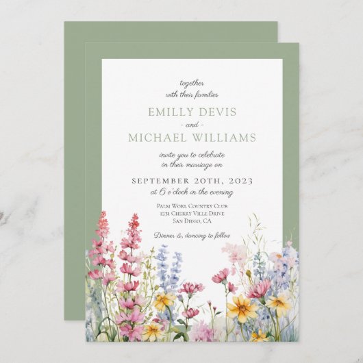 セージ緑の野結婚花 招待状 (正面/裏面)