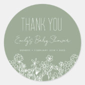 セージ緑の野草の赤ちゃんシャワーありがとうお願い ラウンドシール (正面)