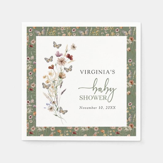 セージ緑の野草の赤ちゃんシャワー スタンダードカクテルナプキン (正面)
