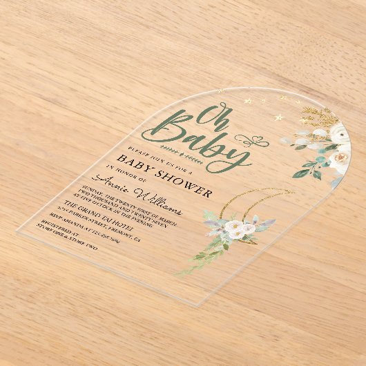 セージ緑の金ゴールドアイボリーフローラムーンアーチベイビーシャワー アクリル招待状 (レイダウン)