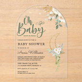 セージ緑の金ゴールドアイボリーフローラムーンアーチベイビーシャワー アクリル招待状 (正面)