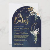 セージ緑の金ゴールドアイボリーフローラムーンネイビーベイビーベイビーシャワー 招待状 (正面)