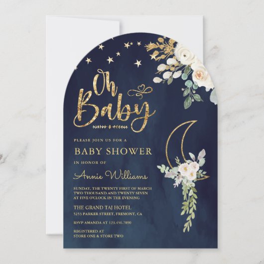 セージ緑の金ゴールドアイボリーフローラムーンネイビーベイビーベイビーシャワー 招待状 (正面)
