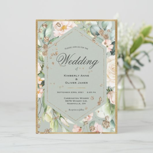 セージ緑の金ゴールドフレーム水カラーフローラ結婚 招待状 (スタンド正面)