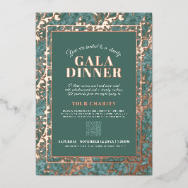 セージ緑の金ゴールドボタニカパターンガラディナーイベント 箔招待状